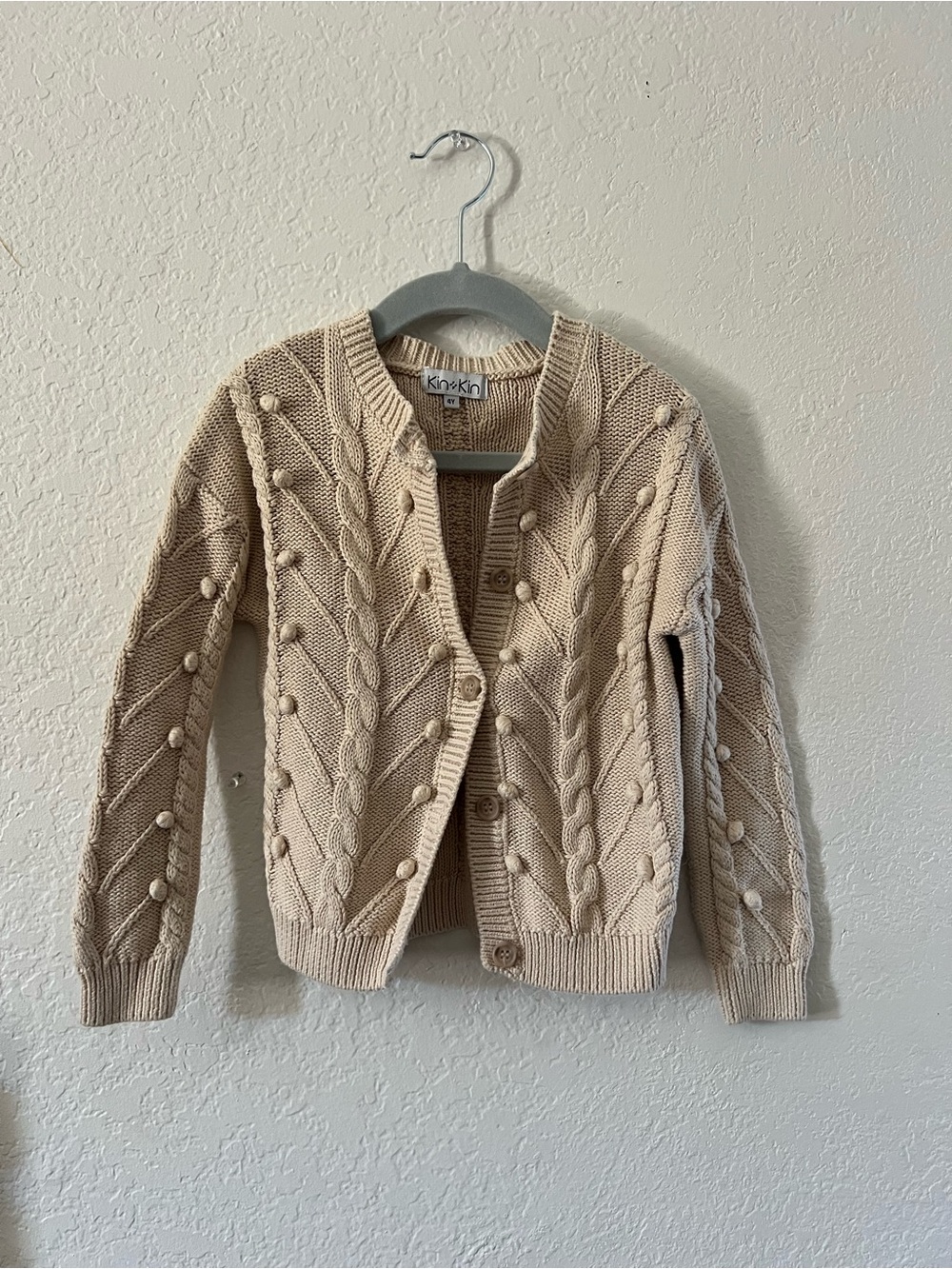 Kids' Cream Cable-Knit Pom-Pom Cardigan Sweater